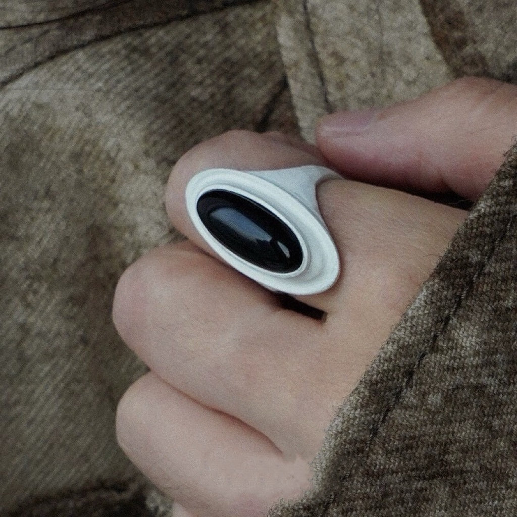 Sterling silver minimalist black agate and grey chalcedony ring