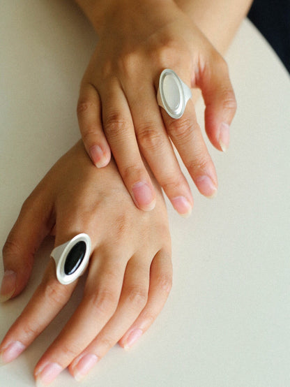 Sterling silver minimalist black agate and grey chalcedony ring