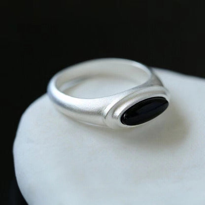 Narrow sterling silver minimalist black agate and white chalcedony ring