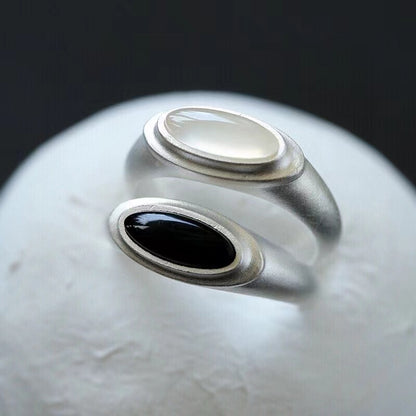 Narrow sterling silver minimalist black agate and white chalcedony ring