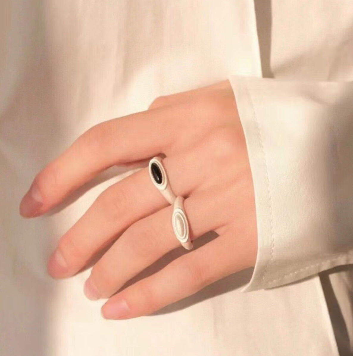 Narrow sterling silver minimalist black agate and white chalcedony ring