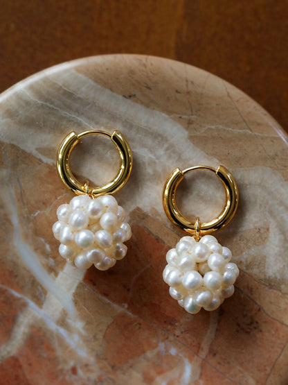 Hand Knitted Ball Pearl Earrings