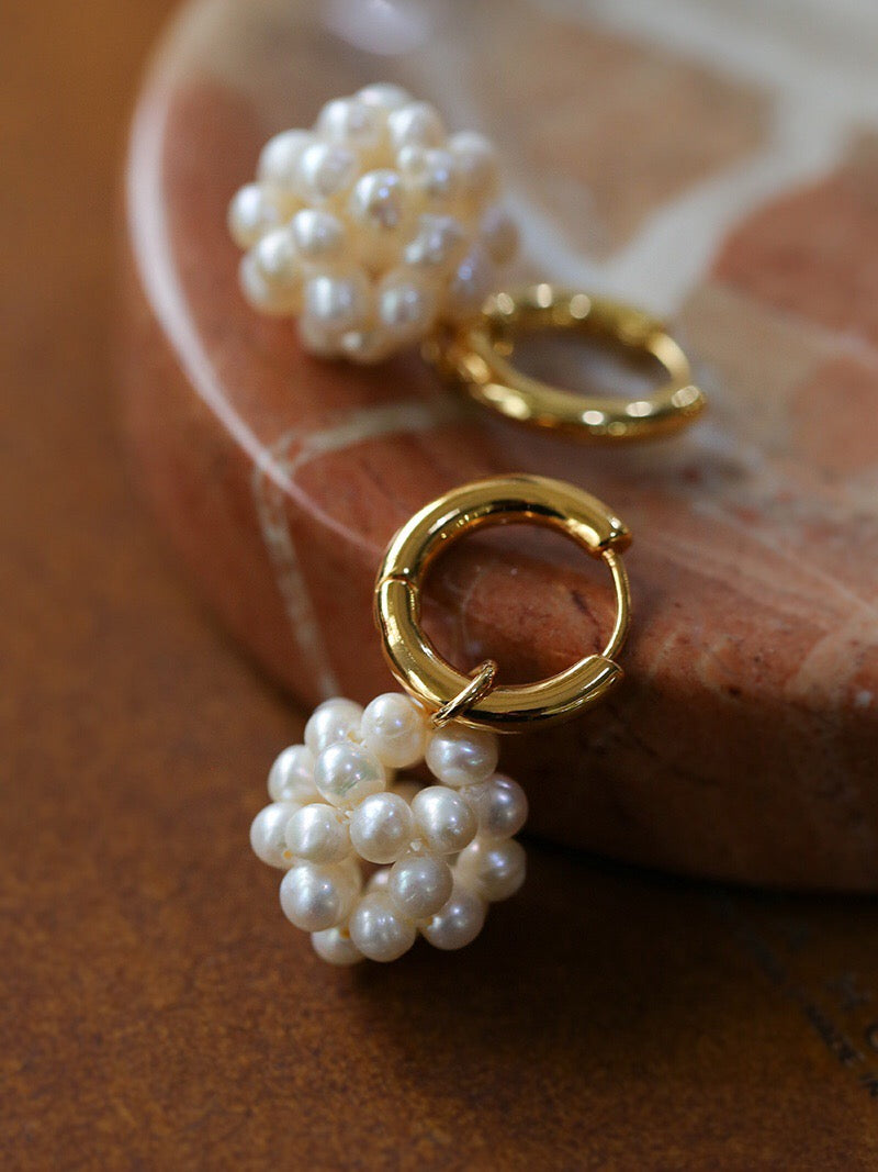 Hand Knitted Ball Pearl Earrings