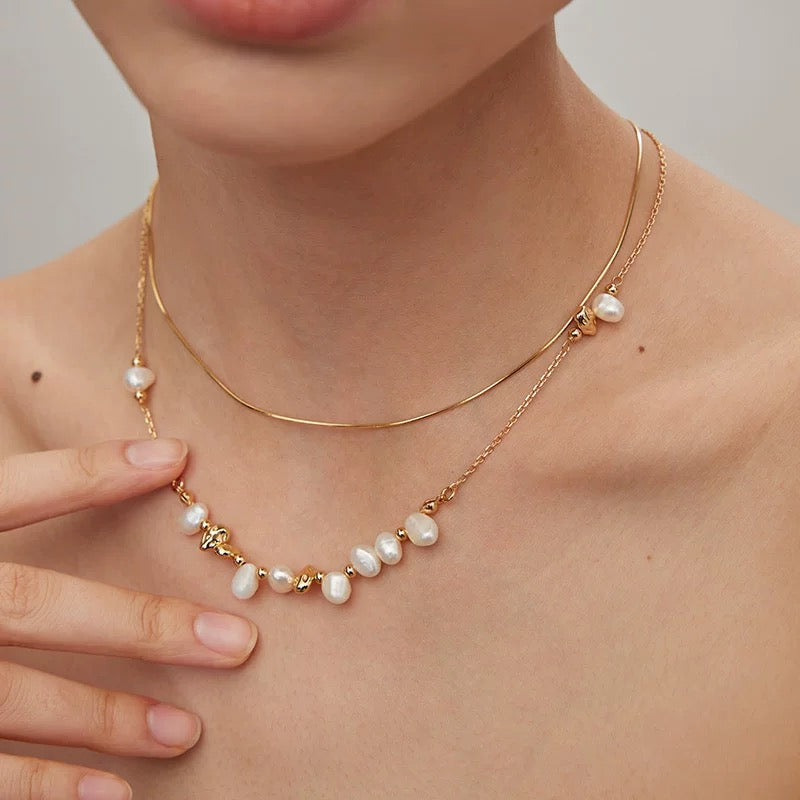 Irregular Baroque Pearl and Gold Bean Necklace