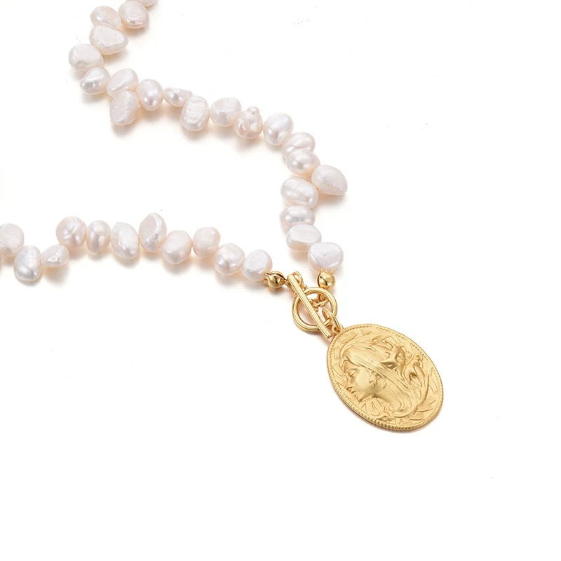 Petal Baroque Pearl Goddess Gold Coin Necklace