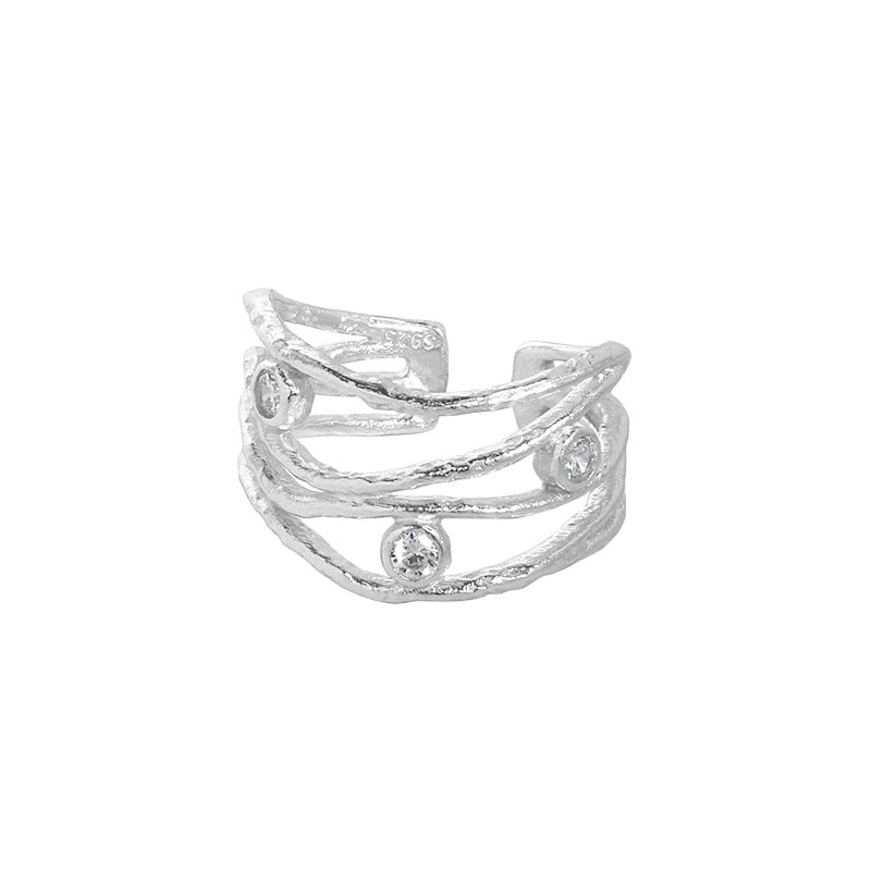 S925 Sterling Silver Zirconia Line Texture Open  Ring