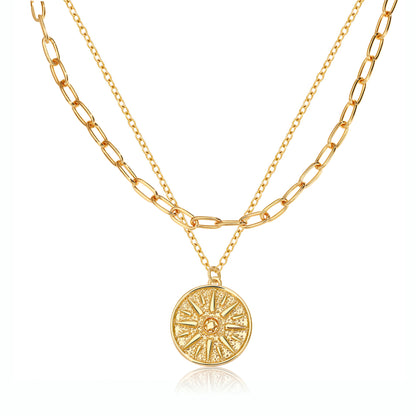 18K Gold Plated Sun Coin Pendant Double Layered Necklace