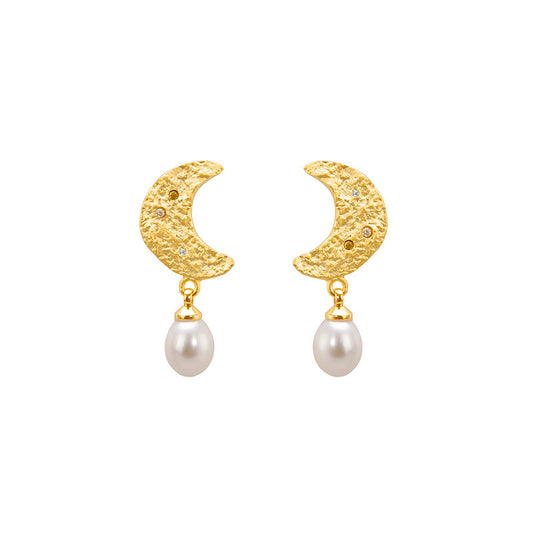 Hand-carved wax zircon moon pearl earrings