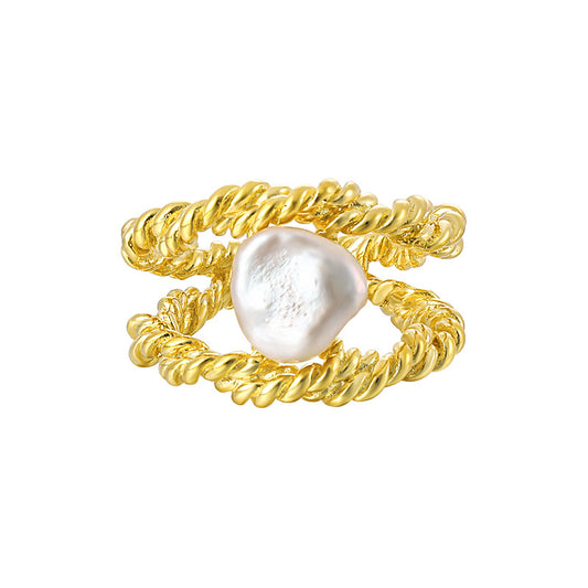 Double twist twisted rope with baroque pearls ring